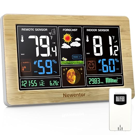 Newentor Weather Station Wireless Indoor Outdoor Thermometer, Wood,1Sensor