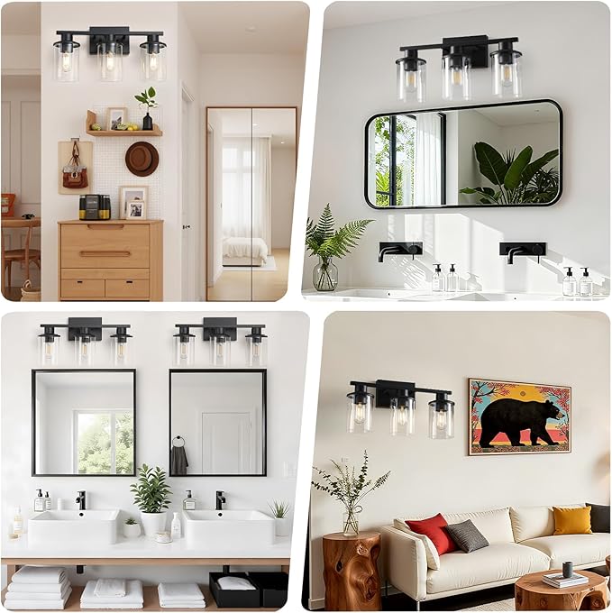 LOUSACE 3-Light Bathroom Light Fixtures, 17.3" Black Modern Vanity Lights with Clear Glass Shade, Bathroom Wall Lamp for Mirror Living Room Hallway Cabinet Porch, E26 Base