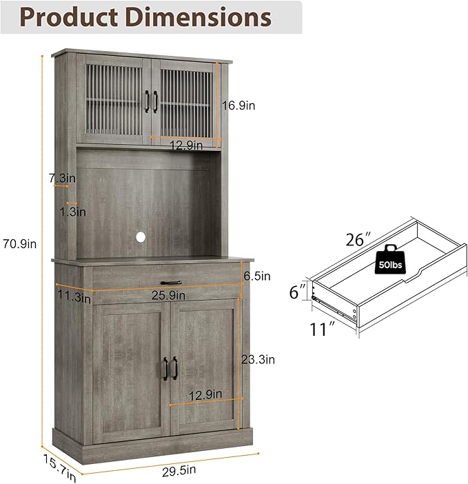 IDEALHOUSE Kitchen Pantry Cabinet with Microwave Stand, 71”Freestanding Tall Kitchen Cabinet with Doors and Shelves for Dining Room, Rustic Gray