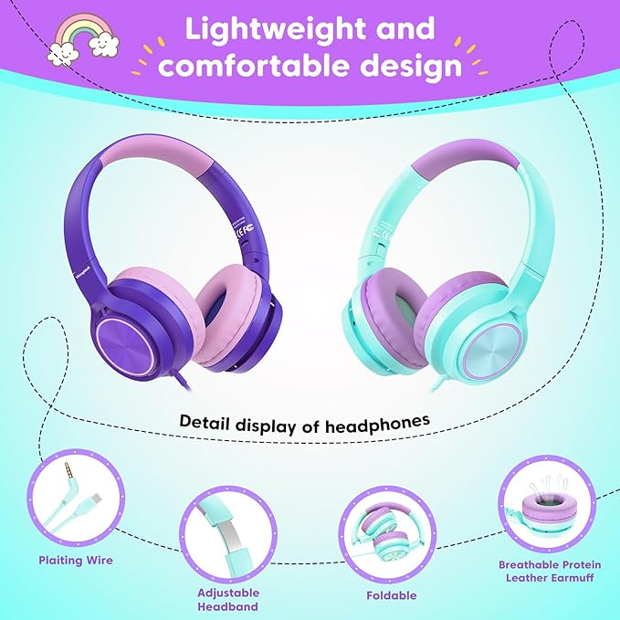 Kids Headphones for School Travel, Upgrade USB Type C Safe Volume 94dB, with Mic HD Stereo Sound Foldable On-Ear Headphones for Boys/Girls/Students/Tablet/Travel-Green