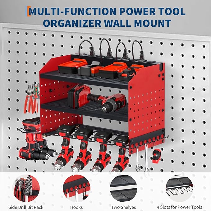 Power Tool Organizer, Drill Holder Wall Mount with Charging Station, Heavy Duty 3-Layer Power Pool Storage with 8 Outlets, 4 Drill Storage Shelf with Hooks, Battery Storage Holder for Garage