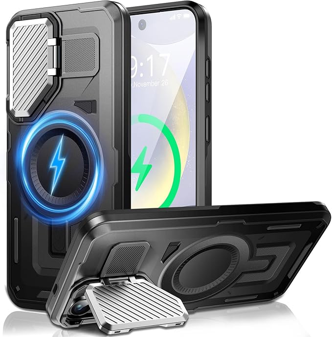 Camera Stand Case for Galaxy S24 Plus/S25 Plus, [Compatible with MagSafe][Lens Cover] 2024 Version Military Grade Protective Soft Case for Samsung Galaxy S24 Plus / S25 Plus 6.7" Men Women, Black