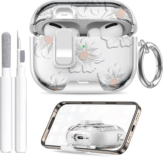 Compatible Airpods Pro 3 Case (2025) with Phone Stand & Cleaner Kit,Cute Flower Print Soft Silicone Lock Clip Apple AirPods Pro 3rd Generation Case, Airpod Pro 3 Cover with Keychain for Women/Girls