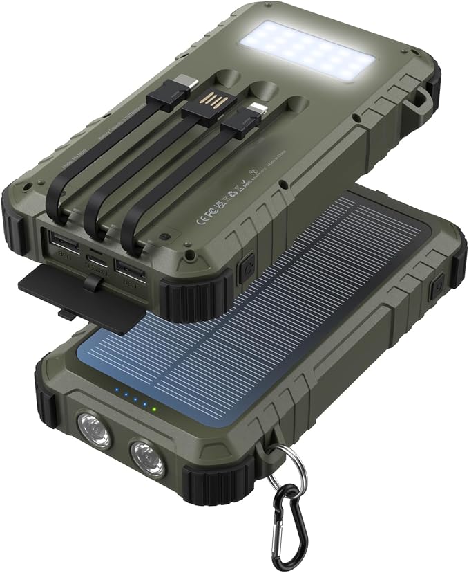 Power-Bank-Solar-Charger 45800mAh Fast Charging with 3 Built-in Cables LED Flashlight Portable External Battery Pack Compatible with All Smartphone, Tablet, Drone, Camera, etc.