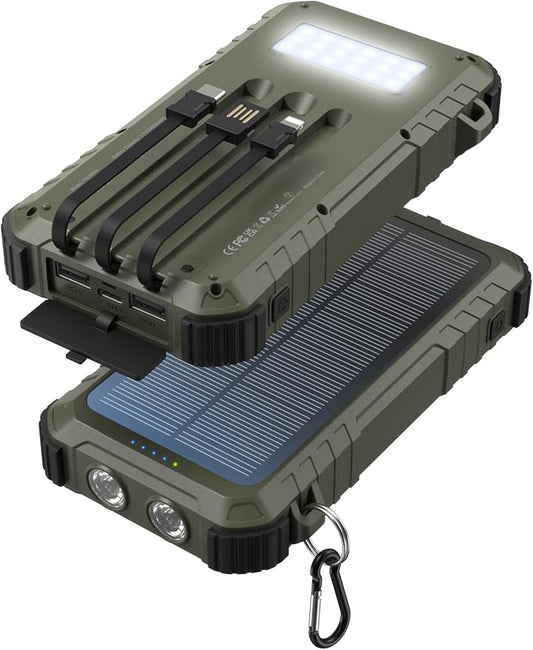 Power-Bank-Solar-Charger 45800mAh Fast Charging with 3 Built-in Cables LED Flashlight Portable External Battery Pack Compatible with All Smartphone, Tablet, Drone, Camera, etc.