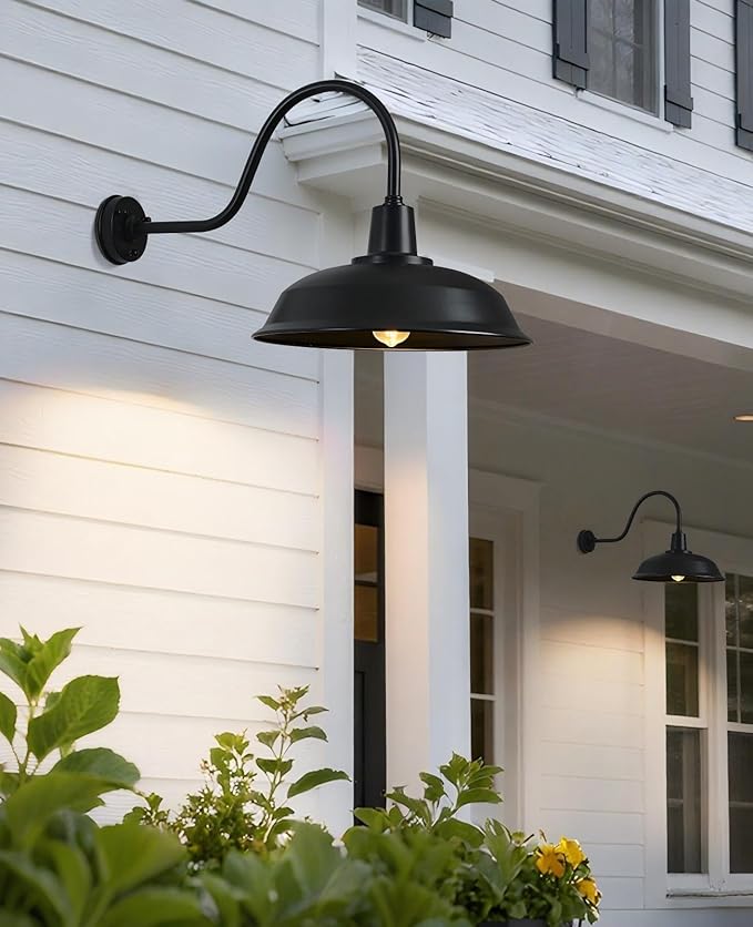 18 Inch Gooseneck Barn Light Outdoor, Large Matte Black Industrial Farmhouse Wall Light for Garage and Patio, ETL Listed, Weather-Resistant, E26 Base