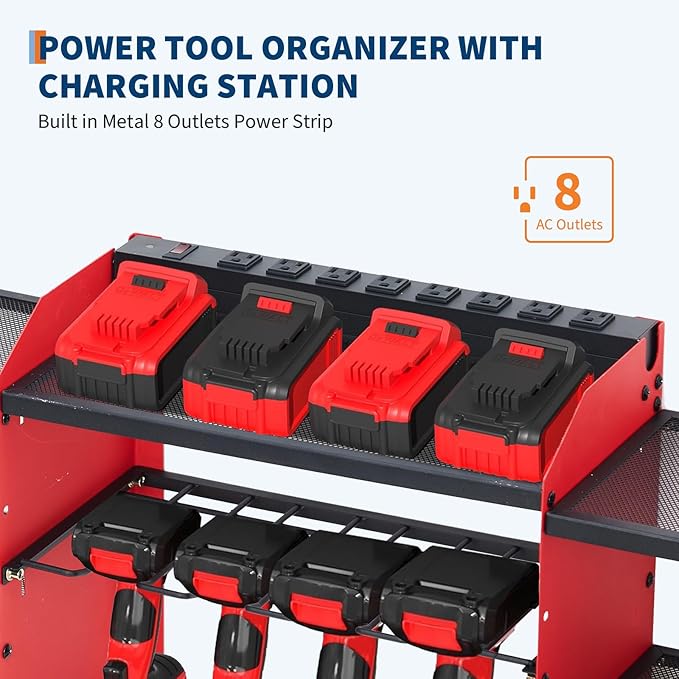 Power Tool Organizer, Drill Holder Wall Mount, Heavy Duty 3-Layer Garage Rack with 8 Outlets, 8 Drill Storage Shelf with Hooks, Battery Storage Rack Charging Station for Tool Shelf