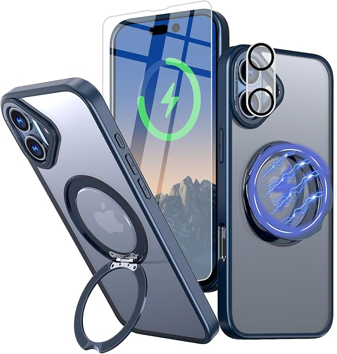 for iPhone 16 Case with Screen Protector & Lens Protector [15 FT Military Drop Protection] Magnetic Kickstand Compatible with MagSafe Slim Translucent Case (Navy Blue)