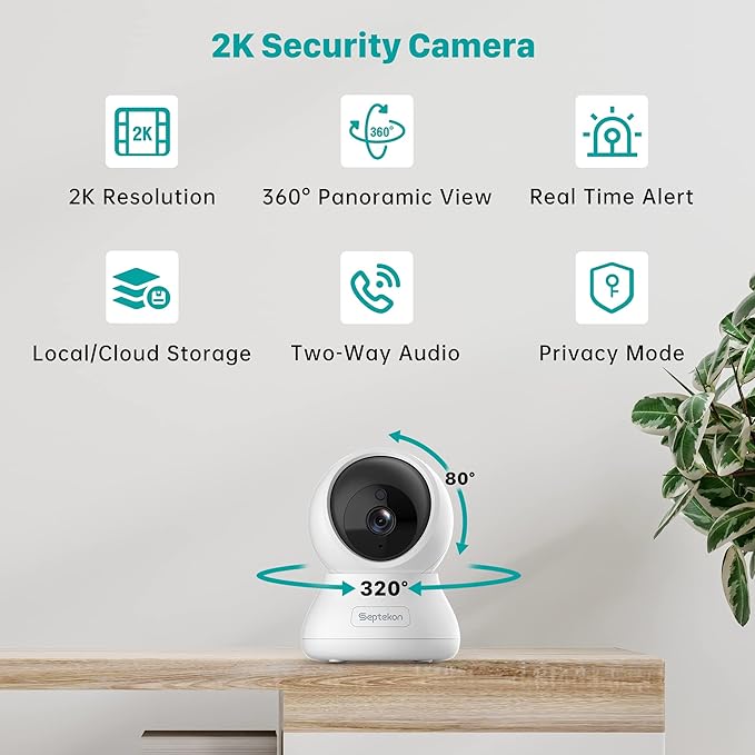 Septekon 2 Pack Indoor Pan/Tilt Security Camera for Baby Monitor, 2K 3MP Pet Camera with Night Vision, Motion Detection, Cloud Storage, Compatible with Alexa, White