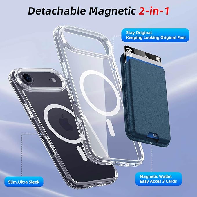 Magnetic for iPhone Air Case & iPhone 17 Air Case Clear with Blue Detachable Wallet, Compatible with MagSafe, Military Protective Slim Phone Cover with Card Holder