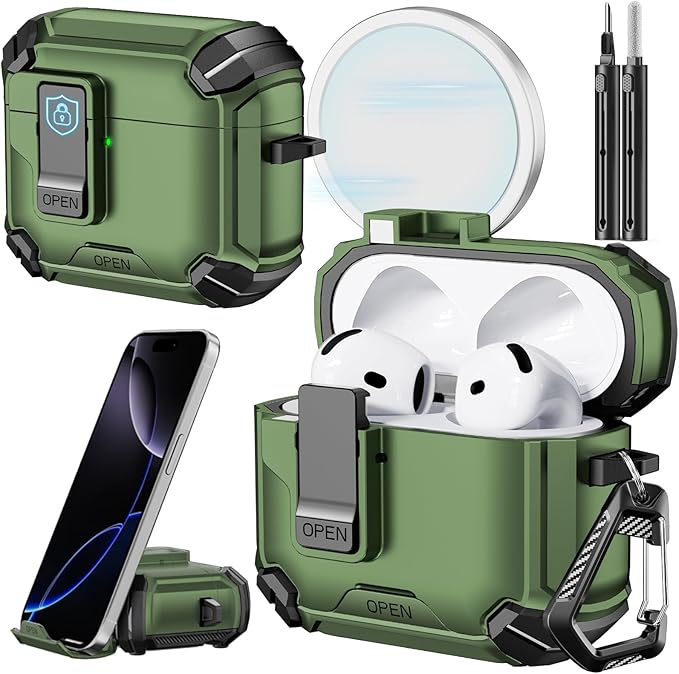 Inesore Compatible with AirPods 4th Case with Phone Stand & Cleaning Kit,Compatible with Magsafe,Magnetic Automatic Lock for Airpods 4 with Active Noise Cancellation Charging Cover (2024)