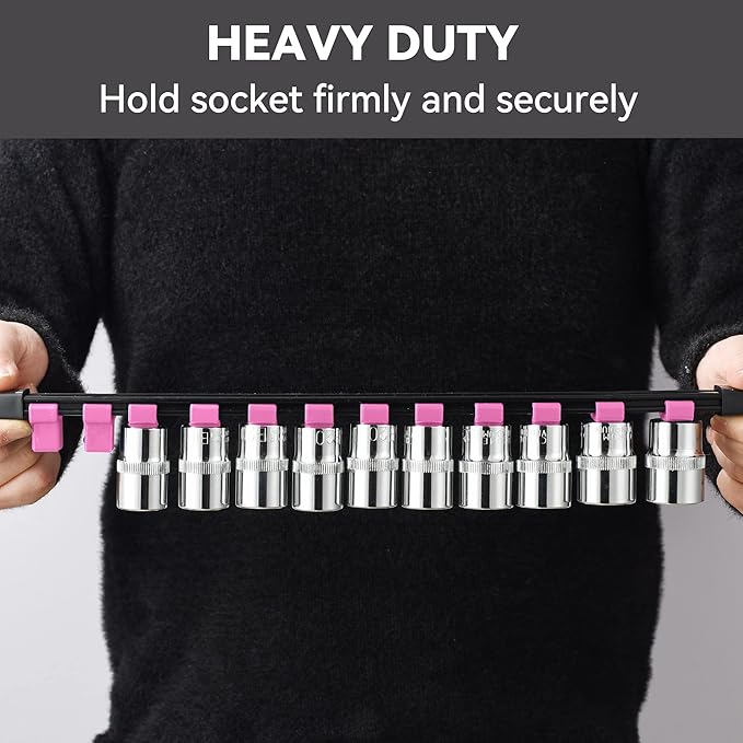 ALOANES 9PC ABS Socket Organizer, Socket Rails Fit 1/2 inch, 3/8 inch and 1/4 inch Drive, Heavy Duty Socket Holders Hold up to 129 Sockets, Black Rails with Pink Clips