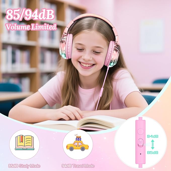 QearFun USB C Kids Headphones Wired with Mic, 85/94dB Safe Volume Limit, Foldable Over Ear, Tangle-Free Cord & Sharing Port, Wired On-Ear Headset for School, Chromebook, Tablet, Travel-Boys & Girls