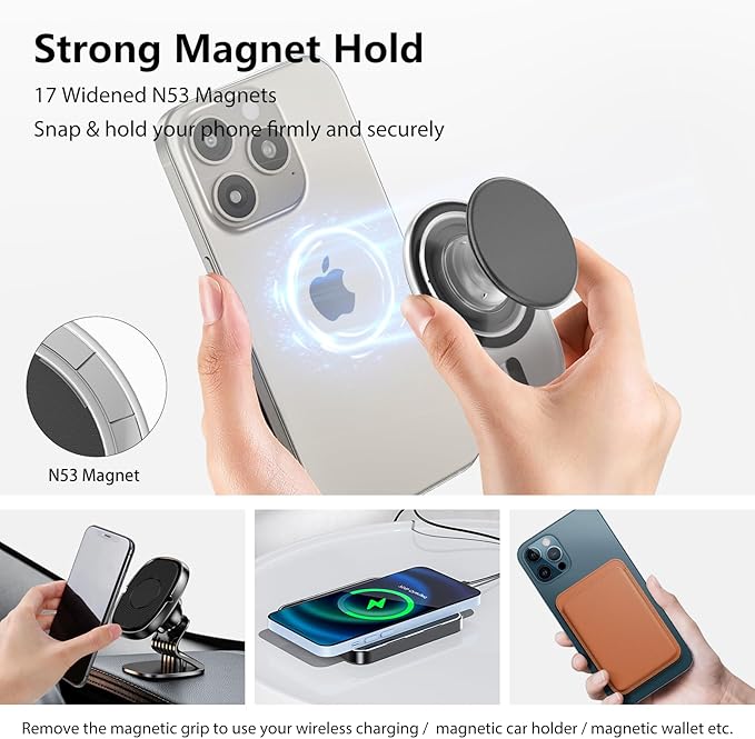 AUROX Magnetic Phone Grip Holder for Magsafe Phone Grips, Magnetic Expandable Collapsible Phone Grip Stand Holder with Kickstand for Magsafe Stand Compatible with iPhone 17 16 15 14 13 Series, Black