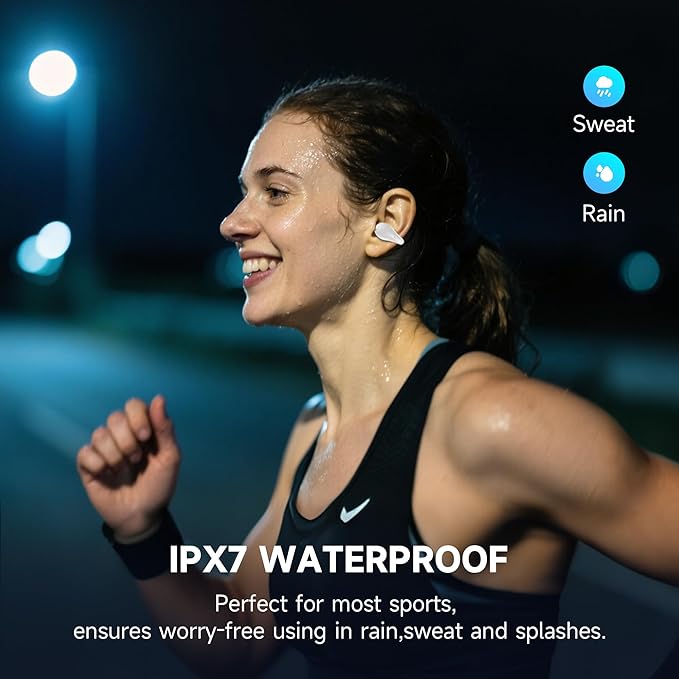Open Ear Earbuds Wireless Bluetooth 5.3, Flexible Clip On Ear Buds with 50H Playtime LED Display Bone Conduction Headphones, IPX7 Waterproof Light Weight Earbuds Fit for Every Ear (White)