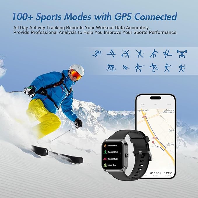 MXQ Fitness Smart Watch for Women Men Android iOS iPhone, 1.91” Large Screen Gun Black Aluminum Case with Black Sport Band, Sleep Tracker, Text and Call, Heart Rate, Blood Oxygen, IP68 Waterproof