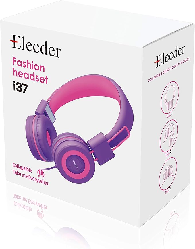 ELECDER i37 Kids Headphones for School Travel, On Ear Headphones Wired with Foldable Corded Stereo Sound 3.5mm Headset for Kid Children Teens Boys Girls Smartphones Computer Kindle Tablet, Purple
