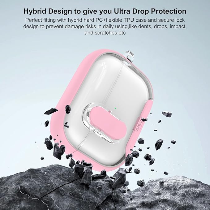 for Airpods Pro 3 Case Clear,Secure Lock for Airpods pro 3rd Generation Case Cover with Phone Stand and Magsafe Function,Auto Pop-up,Hybrid Protection Design with Carabiner&Cleaning Pen-Pink