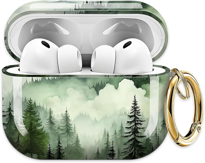 Cute Hard Case Compatible with AirPods Pro 3rd Generation Case (2025), Shockproof Protective Cover with Golden Keychain Ring Clip (Green Mountain)