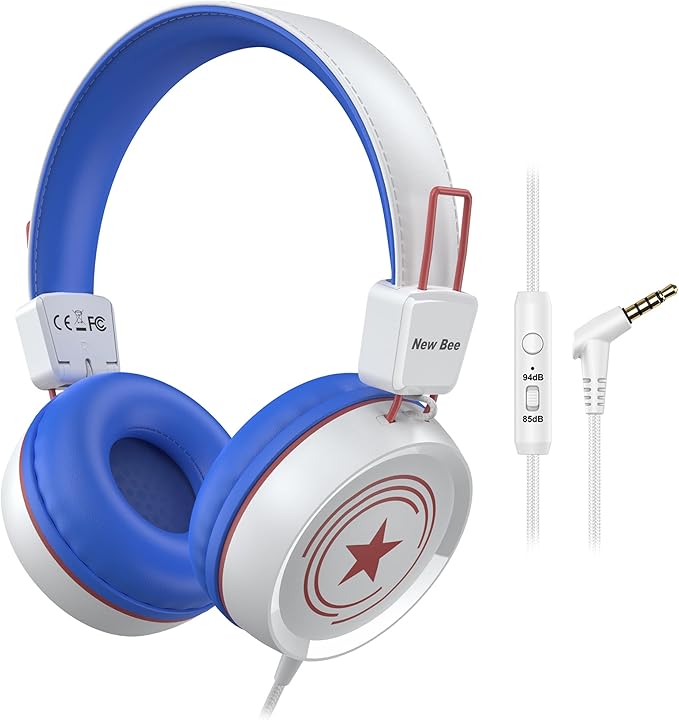 New Bee Kids Headphones for School with Microphone KH20 HD Stereo Safe Volume Limited 85dB/94dB Foldable Lightweight On-Ear Headphone for boy Mac/Android/Kindle/Tablet/Pad