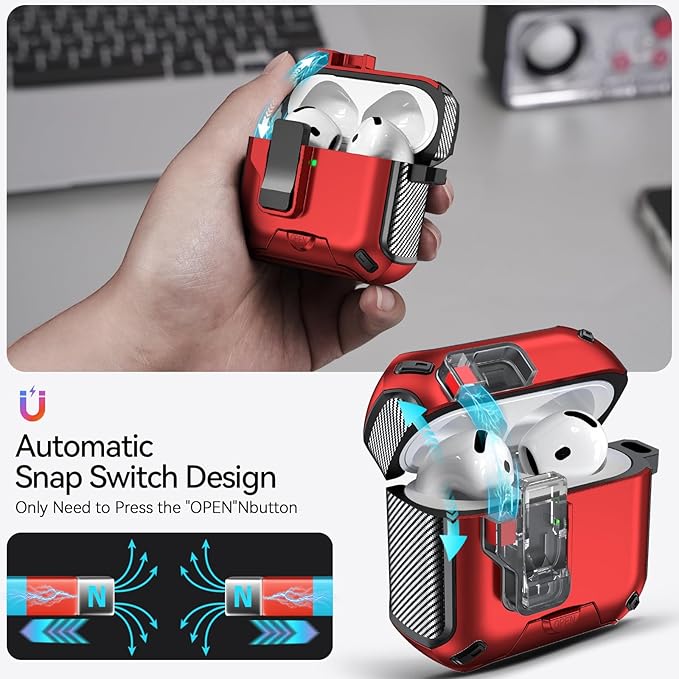 for AirPods 4 Case (2024) with Phone Stand,（with Automatic Snap Switch） Carbon Fiber Design Protection Cover with Cleaning Pen,Red