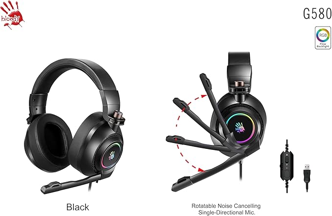 Bloody G580 Virtual 7.1 Surround Sound Gaming Headset – 50mm Drivers, RGB Flow Backlit, Rotatable Noise-Canceling Microphone, Foldable Design, in-Line Controls, Black