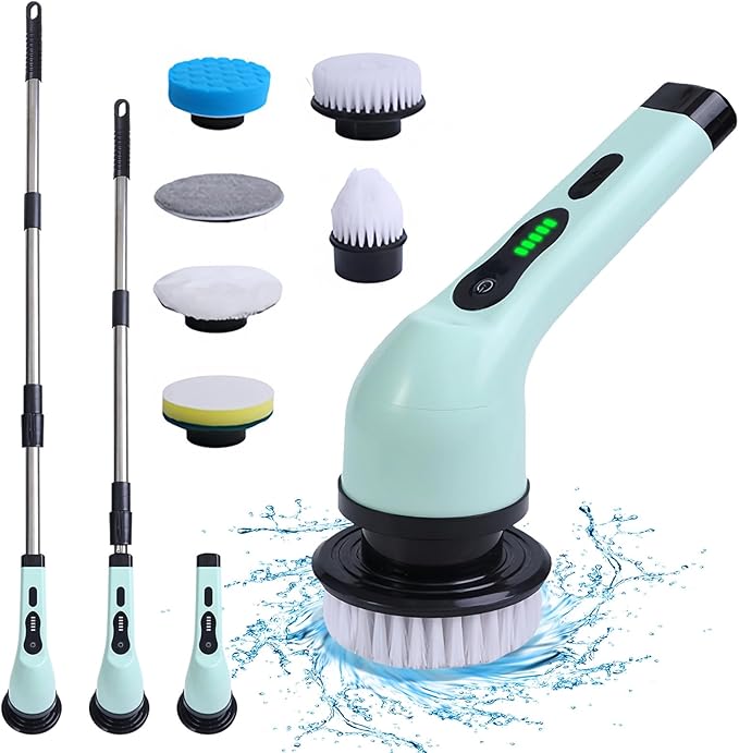 Cordless Spin Scrubber, IPX6 Rated Electric Cleaning Brush w9 Heads and Extension Arm for Bathroom, Tile, Kitchen - Green ABS (6 Replaceable Brush Head)