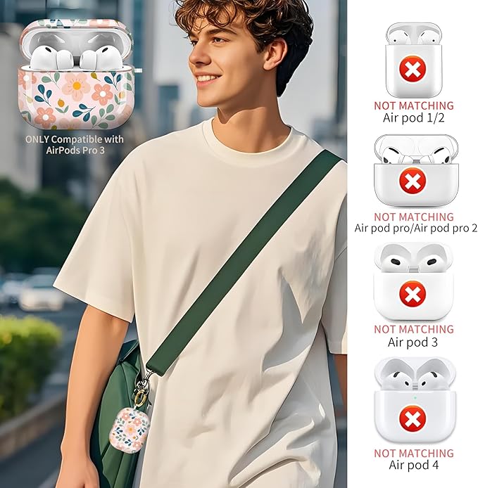 AirPod Pro 3 (2025) Case Cover for Women, Cute Shockproof TPU Protective Case with Gold Round Buckle, Anti-Drop Design Leaves and Flowers