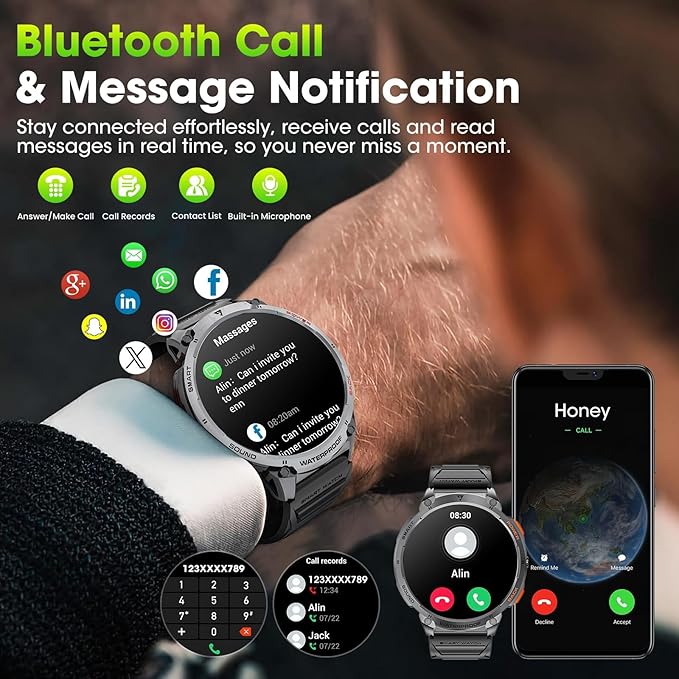 Military Smart Watches for Men, 1.85" HD Large Screen Smart Watch, Flashlight/730mAh/110+ Sports Modes Fitness Tracker Watch, Waterproof Mens Smart Watch for Android Phones iPhone Compatible