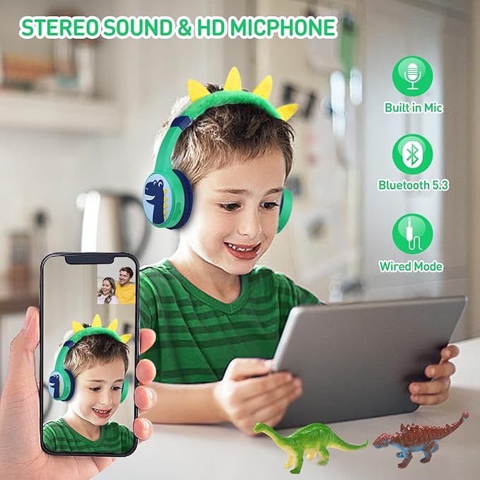 Dinosaur Wireless Headphones for Kids, Bluetooth Kids Headphones with Safe Volume 85dB, 3.5mm Wired Cable, Toddlers Boys Headset for iPad Tablet Home Travel