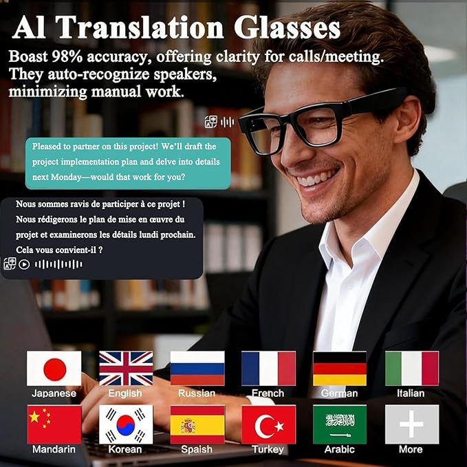 AI Smart Glasses for Men Women Powered by ChatGPT- 164 Languages Translation, Color-Change Lens w/UV & Blue Light Protection, Music &Calls w/Bluetooth 5.4, Al Vioce &Meeting Assistant, Black