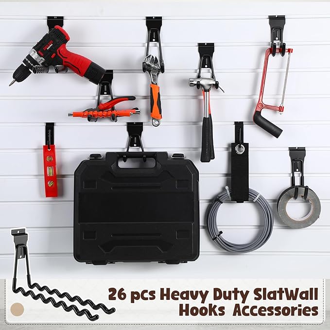 Landhoow 26 Pack Slatwall Accessories, 24 Pcs Multi Size Heavy Duty Slat Wall Hanging Hooks & Hangers with 2 Pcs Storage Straps for Storage Garage Wall Organization Garden Home Slatwall Paneling