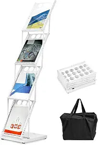 QWORK Foldable Brochure Display Stand, Magazine Brochure Display Rack Stand, 4 Pocket Literature CatalogTradeshow Display Stand, for Office Store and Exhibition Trade Show (White)