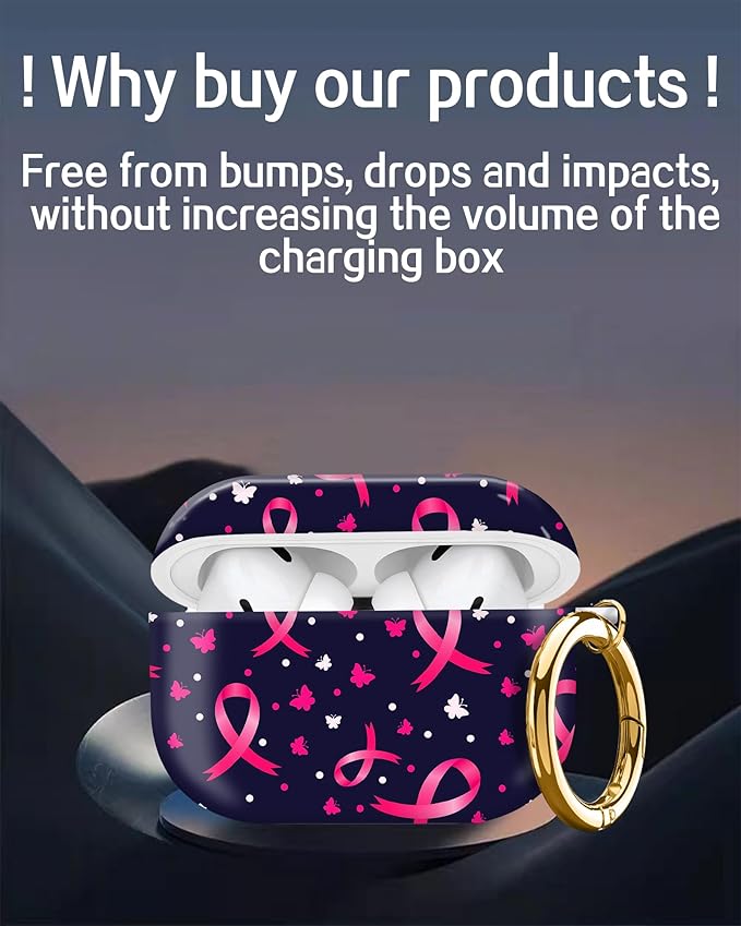 Cute Hard Case Compatible with AirPods Pro 2nd/1st Generation, Protective Cover with Golden Keychain, Fits 2023/2022/2019 Models, for Women, Girls, and Men(Cute Pink Ribbon)