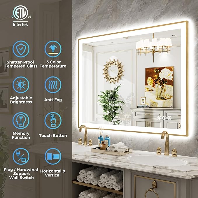 48x36 Inch LED Bathroom Mirror with Lights (Front Lit and Backlit) Gold Framed Lighted Vanity Mirror for Bathroom Wall Dimmable Anti-Fog Memory Tempered Glass Horizontal/Vertical