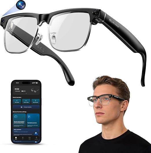 Blackview AI Smart Glasses with Camera, BT Call/Photo/4K HD Video Recording Glasses with Real-Time Translation, AI Voice Assistant, Object Recognition, Blue Light Blocking Graduated Lenses