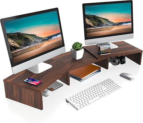FITUEYES Dual Monitor Stand Riser, Adjustable Length and Angle, Brown