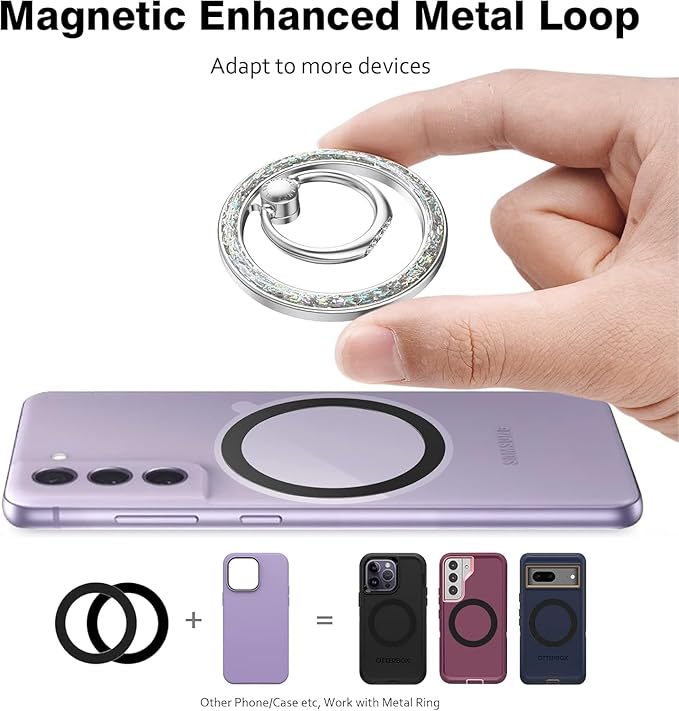 Allengel Magnetic Phone Grip for MagSafe, Magnetic Ring Holder Compatible with MagSafe Phone Ring, 360°Rotating Finger Kickstand for iPhone 16 Pro Max 15 14 13 12 Plus & Android Phone(Bling Silver)