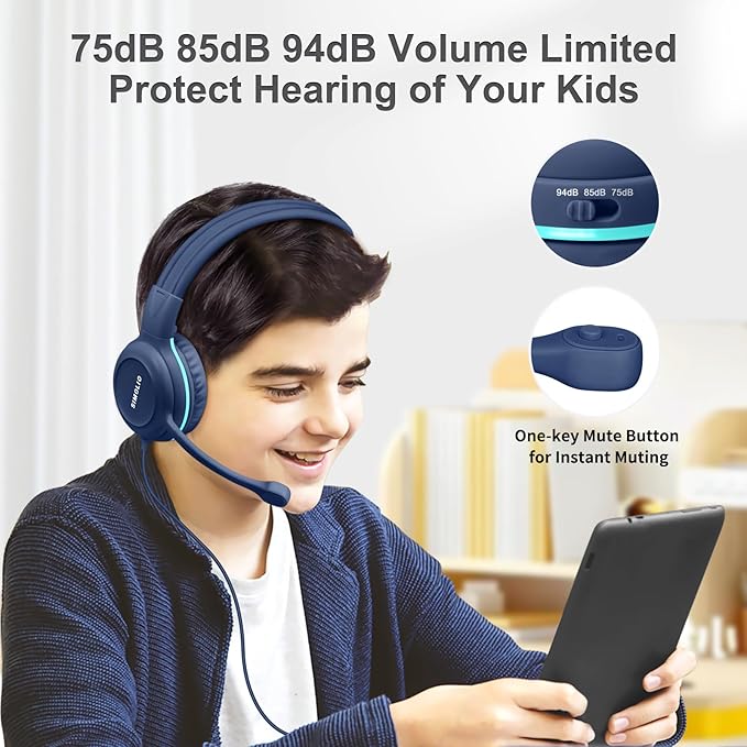 SIMOLIO Wired Headphones for School with Microphone, Stereo Kids Headphone with Flexible Swivel Boom Mic for Student K12 & Teacher & E-Learning, 3 Levels Volume Limiter Gaming Headsets for Boys, Girls