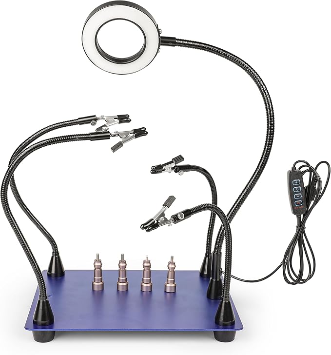 Helping Hands Soldering Station Kit with Magnifying Lamp, Fixed Arms, Brass Sponge Cleaner & Desoldering Wick, Third Hand Soldering Tool for PCB Repair, Electronics Assembly & Projects