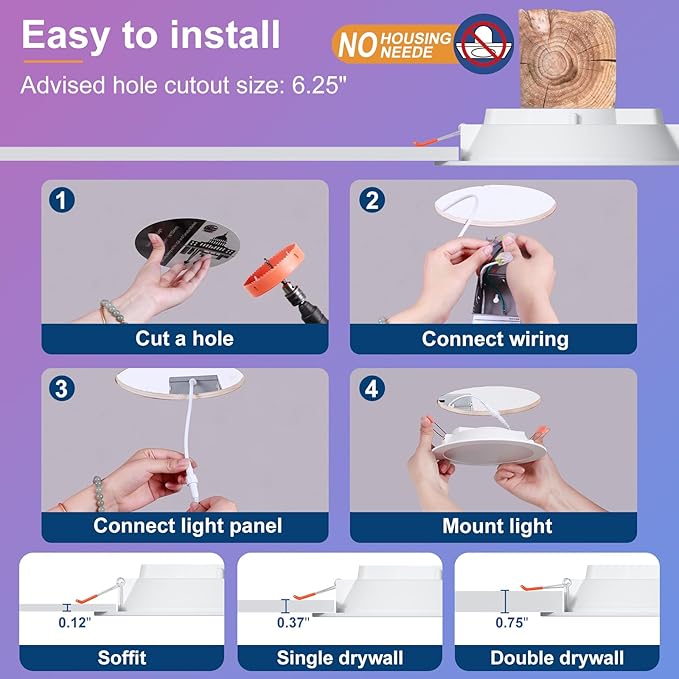 Smart Recessed Lighting 6 Inch RGBCW Color Changing 16W LED Downlight with Junction Box,1350 Lumen Recessed Ceiling Light Compatible with Alexa,Dimmable by Bluetooth Control -6Pack