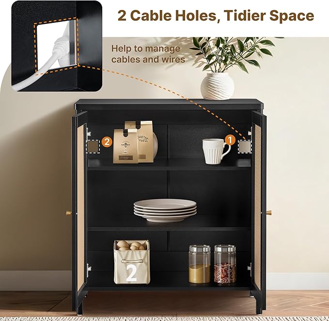 2 PCS Rattan Sideboard Buffet Cabinet 2 Door Boho Kitchen Storage Cabinet Accent Console for Living Room, Hallway, Kitchen, Sideboard, Buffet Table Black