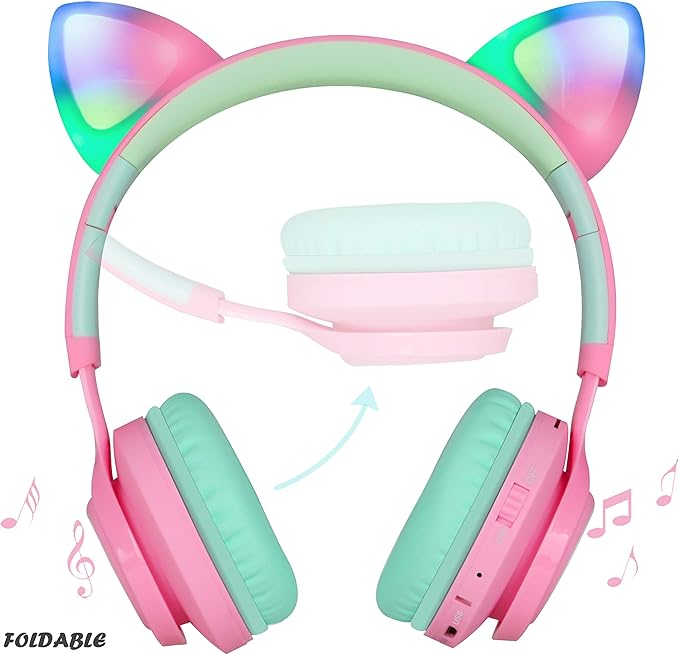 Riwbox CT-7 Cat Ear Bluetooth Headphones, LED Light Up Bluetooth Wireless Over Ear Headphones with Microphone and Volume Control for Travel/School/Smartphones/Laptop/PC/TV (Pink&Green)