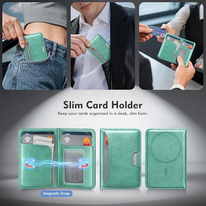 Antsturdy for Magsafe Wallet Stand with Holder,PU Leather RFID Blocking Card Holder,5 Card Slots,Strong Magnet Minimalist Flip Folio Kickstand for iPhone 17/16/15/14/13/12/Pro/Max/Plus/Air,Blue Green