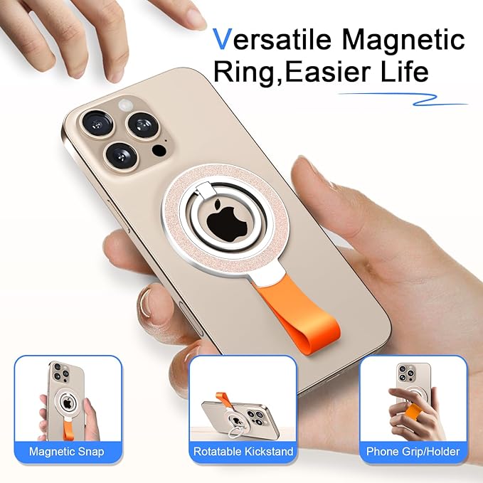 Magnetic Phone Ring Holder,Two-Sided Magnetic Cell Phone Grip Stand Ring Kickstand,360°Rotating Finger Stand Compatible for iPhone 16,15,14,13 12 Pro/Max/Plus,Samsung Galaxy,Android,Golden