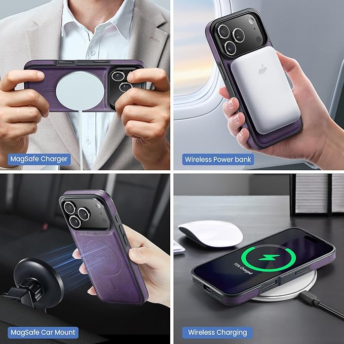 Wallet Case for iPhone 17 Pro, 2 in 1 Strong Magnetic Detachable, Shockproof Phone Case Compatible with MagSafe, Slim Leather Wallet RFID Blocking 5-Card Holder Ring Grip Stand (Purple)