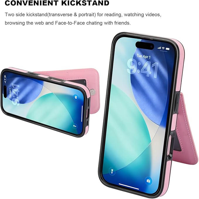 KIHUWEY Compatible with iPhone 17 Case Wallet with Credit Card Holder, Flip Premium Leather Magnetic Clasp Kickstand Heavy Duty Protective Cover for iPhone 17 6.3 Inch (Pink)