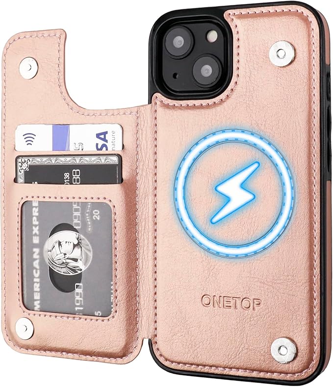 ONETOP Compatible with Magsafe for iPhone 13 Wallet Case with Card Holder, PU Leather Kickstand RFID Blocking Case, Double Magnetic Clasp and Durable Shockproof Cover 6.1 Inch (Rose Gold)