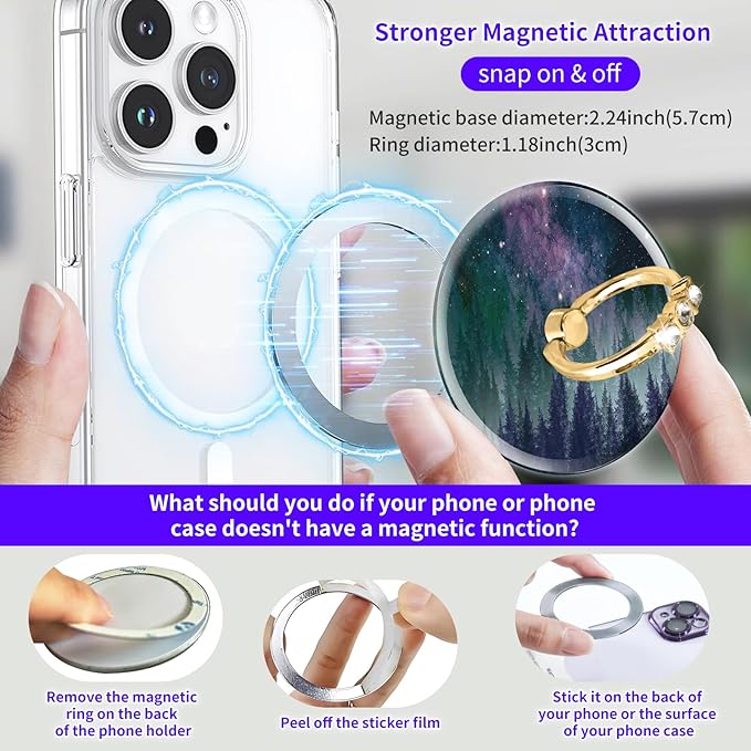 Magnetic Phone Ring Holder Compatible with MagSafe, Cute Phone Grip Stand with 360° Rotation Gold Glitter Finger Ring Kickstand Accessories for Most Phones Cute Purple Forest