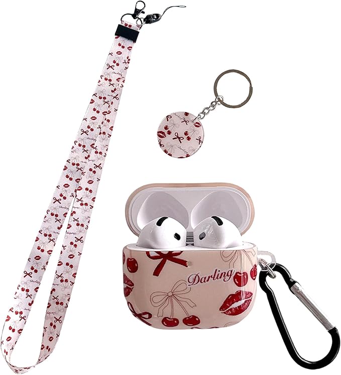 Vintage Bow Cherry Lip Design Air Pod 4th Generation （2024） with Bow Cherry Lip Lanyard Keychain，Unique IMD Process TPU Soft Air Pod 4th Case